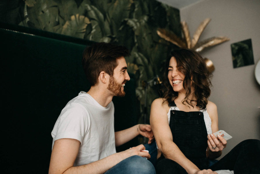 Engaged couple talking about their wedding